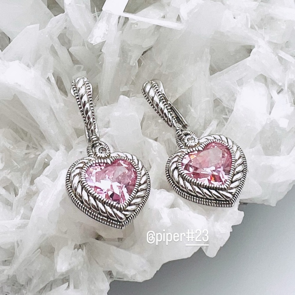 EUC Judith Ripka JR TWO Pink Crystal & White Sapphire Heart Drop Earrings